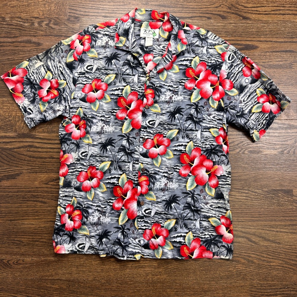 Vtg KY'S Made in Hawaii Mens XL Aloha Shirt Red Hibiscus Palm Tree Grey White